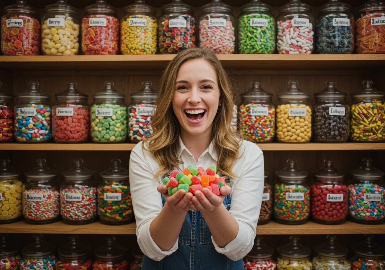 "Mujer blanca sonriente en una boutique de dulces moderna, sosteniendo una variedad de caramelos coloridos, rodeada de frascos de cristal llenos de golosinas en un ambiente cálido y acogedor."