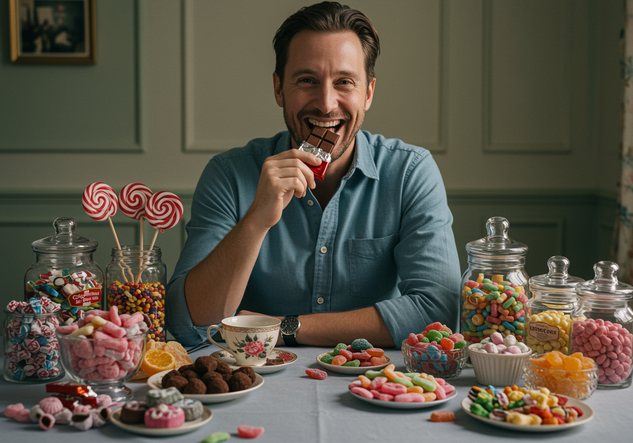 imagen12 3 "Imagen de un hombre blanco sonriente en un café pastel, rodeado de golosinas artesanales y chocolates, evocando recuerdos dulces y cálidos para una marca de confitería premium."