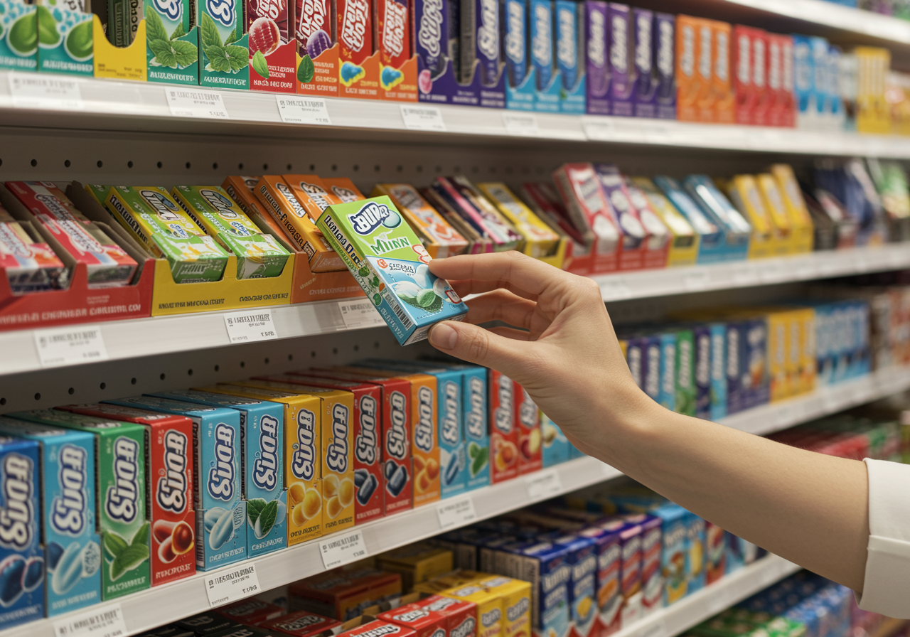 imagen13 1 "Mano de consultora seleccionando chicles en boutique de caramelos, mostrando variedad y calidad en un entorno luminoso y elegante."