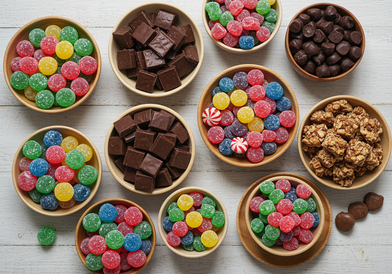 imagen13 3 "Exquisita composición de dulces premium en cerámica y madera con chocolates, gomitas y caramelos, ideal para amantes de los postres."