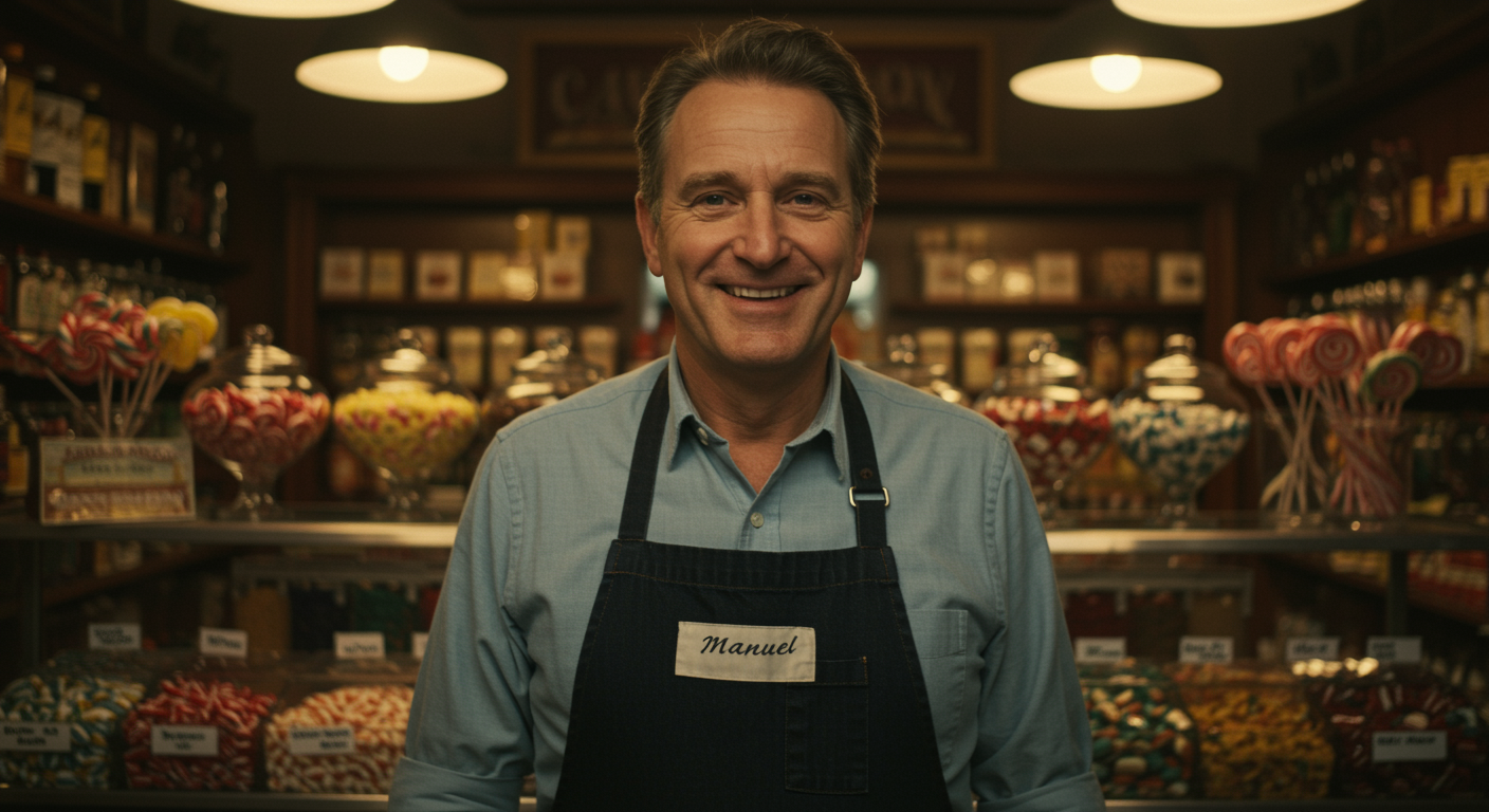 imagen5 "Retrato de Manuel, un hombre blanco de mediana edad sonriente, frente al mostrador de una tienda de dulces, con un ambiente cálido y acogedor."